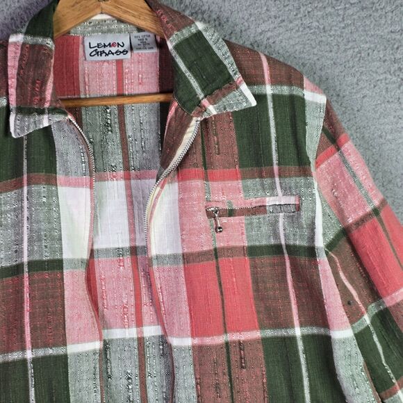 Plaid Crop Jacket Lemon Grass 14 Pink Green 100% Cotton Retro Zip Fall Vintage - Picture 6 of 11